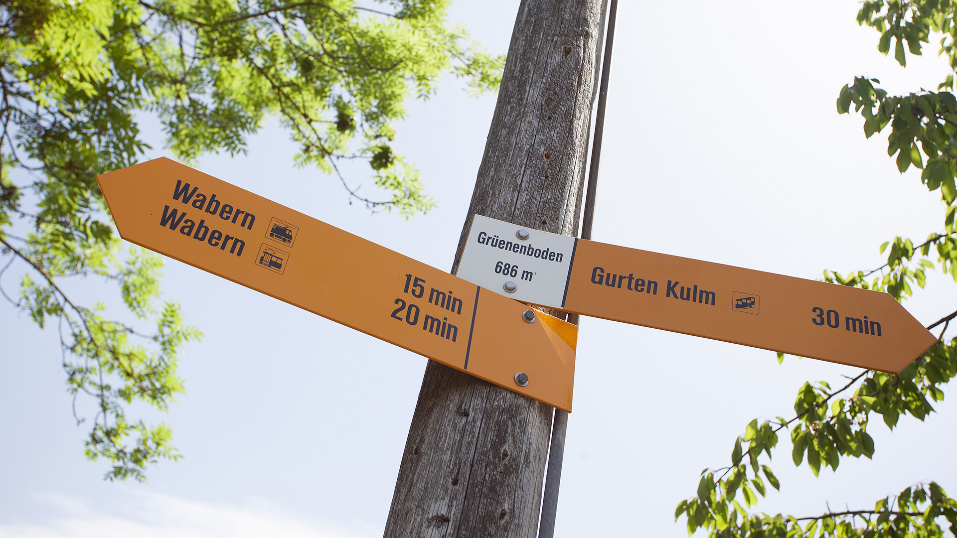 Signpost showing Gurten Kulm and Wabern with hiking times