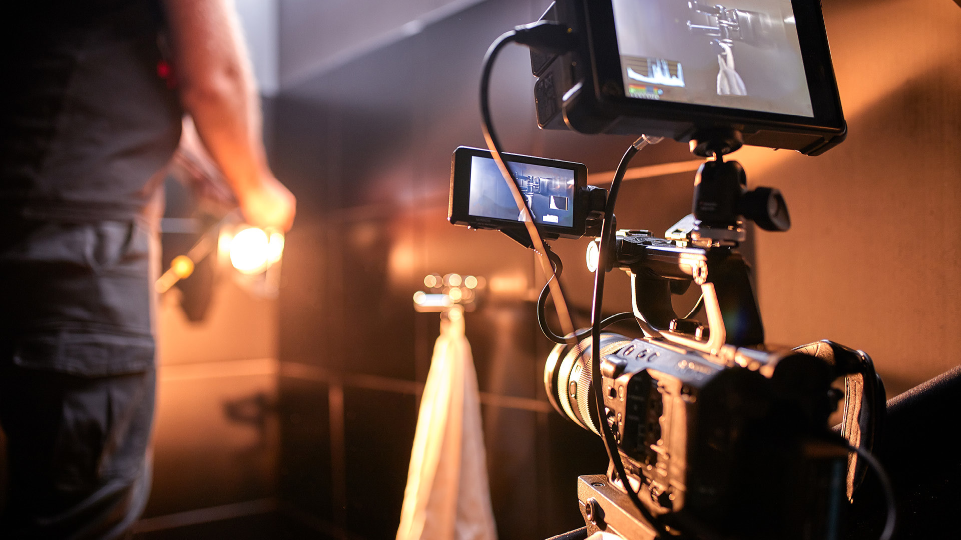 Film setup with film backdrop in the background