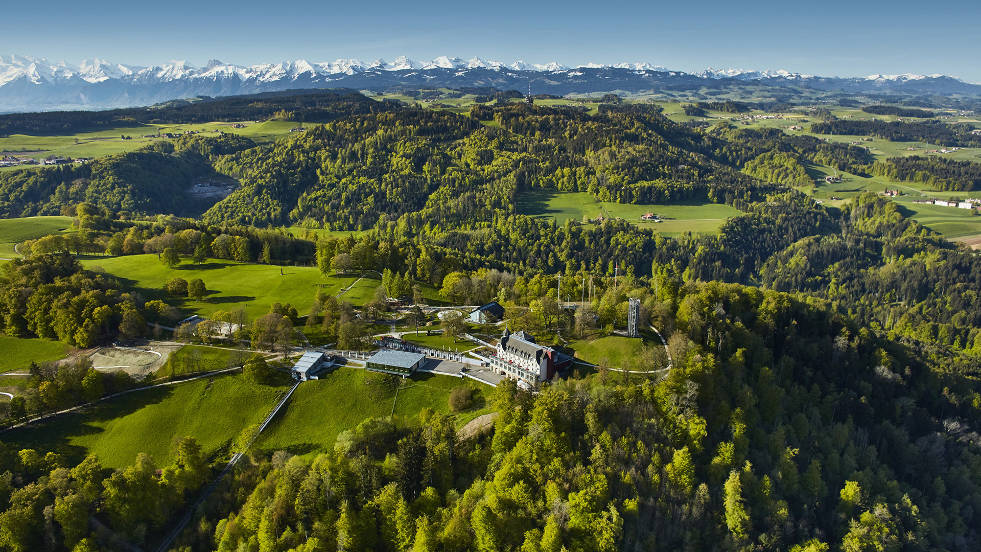 Gurten hill with views of hiking trails and the Swiss Alps